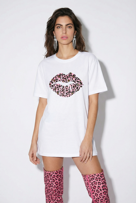 White Tshirt with Pink & Orange Leopard Kiss