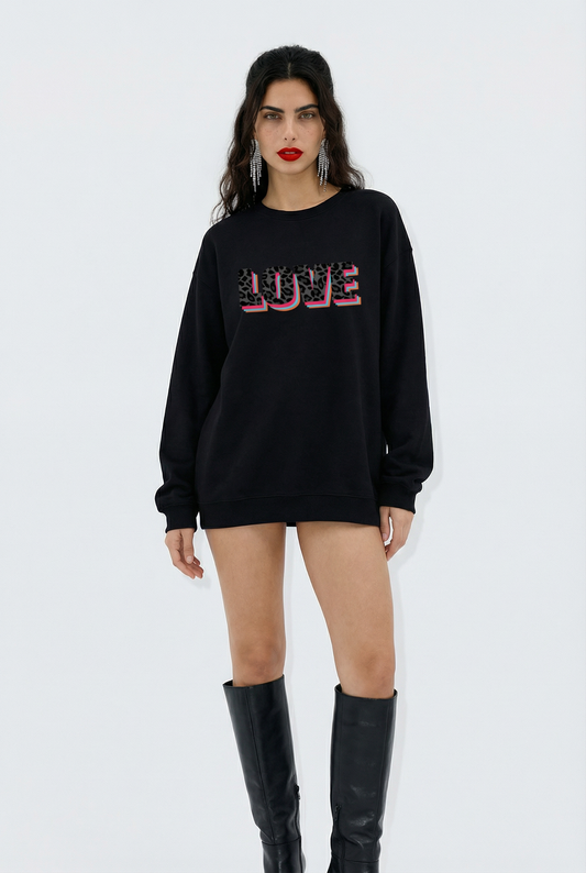 Wildly in Love Black Leopard Graphic Text Sweatshirt in Black