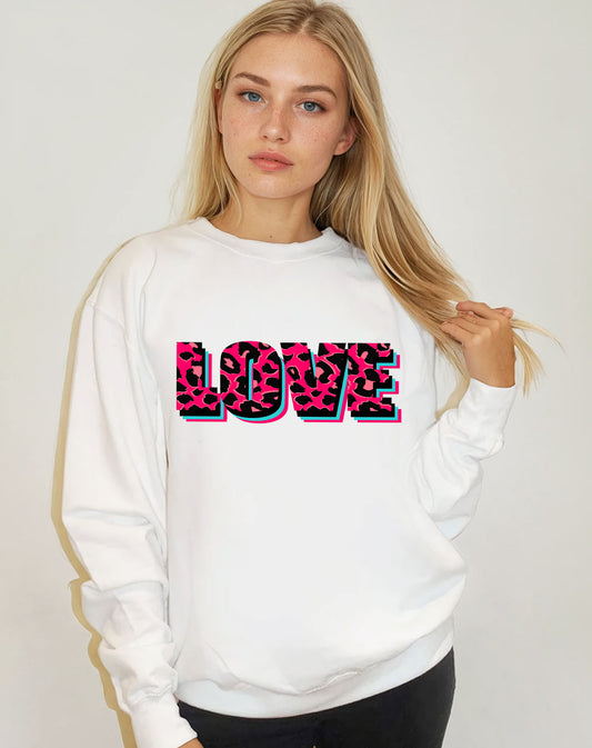 Wildly in Love Pink Leopard Graphic Text Sweatshirt in White