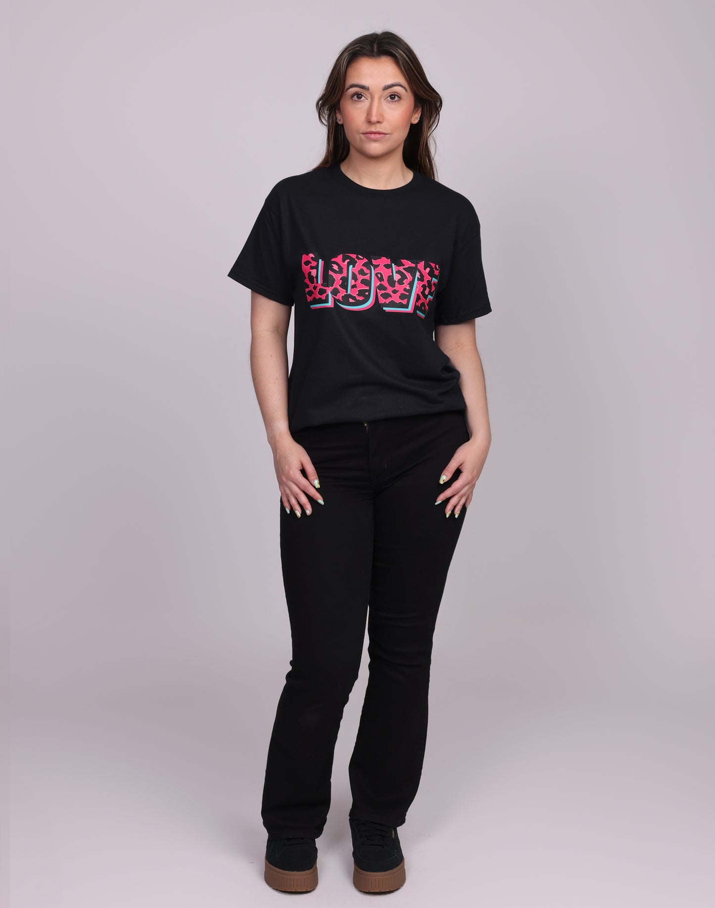 Wildly in Love Pink Leopard Graphic Text Tshirt in Black