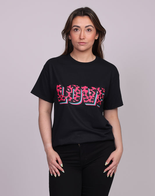 Wildly in Love Pink Leopard Graphic Text Tshirt in Black