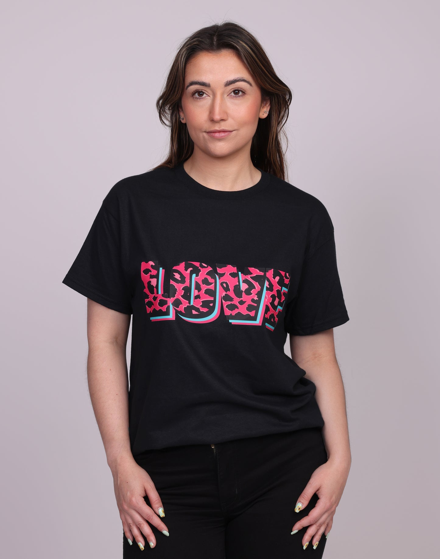 Wildly in Love Pink Leopard Graphic Text Tshirt in Black