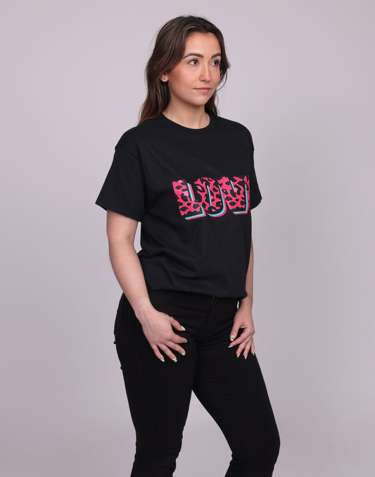 Wildly in Love Pink Leopard Graphic Text Tshirt in Black