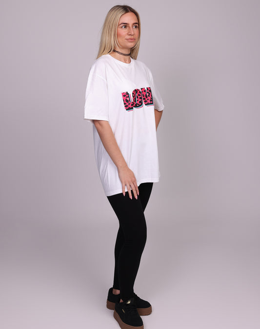 Wildly in Love Pink Leopard Graphic Text Tshirt in White