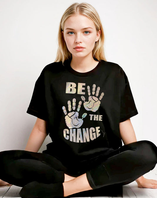 Gold Hand Imprint Be the Change Tshirt in Black