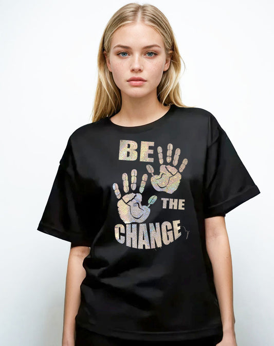 Gold Hand Imprint Be the Change Tshirt in Black
