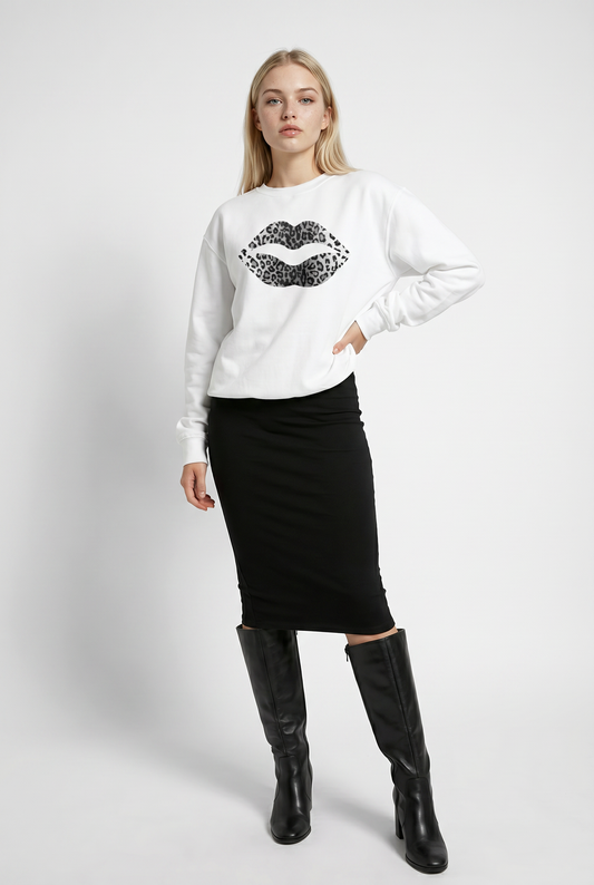 Black and White Leopard Lip Jumper In White