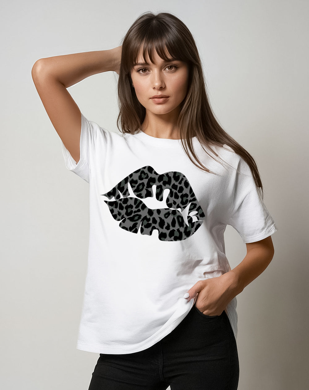 White Oversize T Shirt With Black Leopard Lip Print