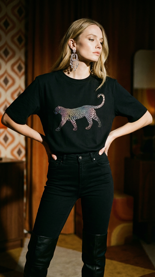 Midnight Prowl Gold Leopard Tshirt in Black