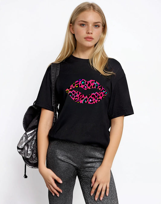 Pink Leopard Neon Multi Lip Tshirt In Black
