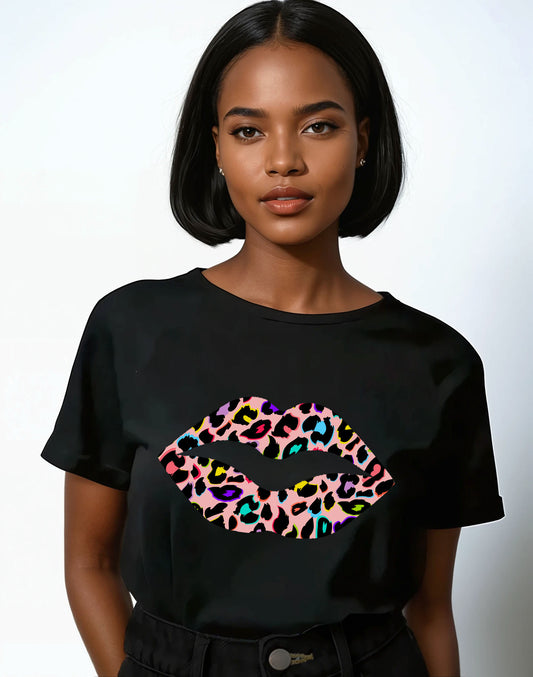 Leopard Pink Multi Lip Tshirt in Black