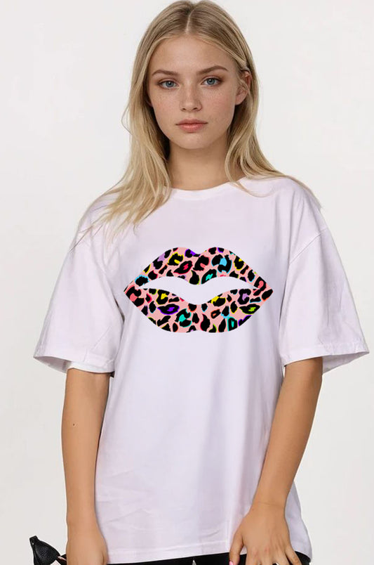 Leopard Pink Multi Lip Tshirt in White