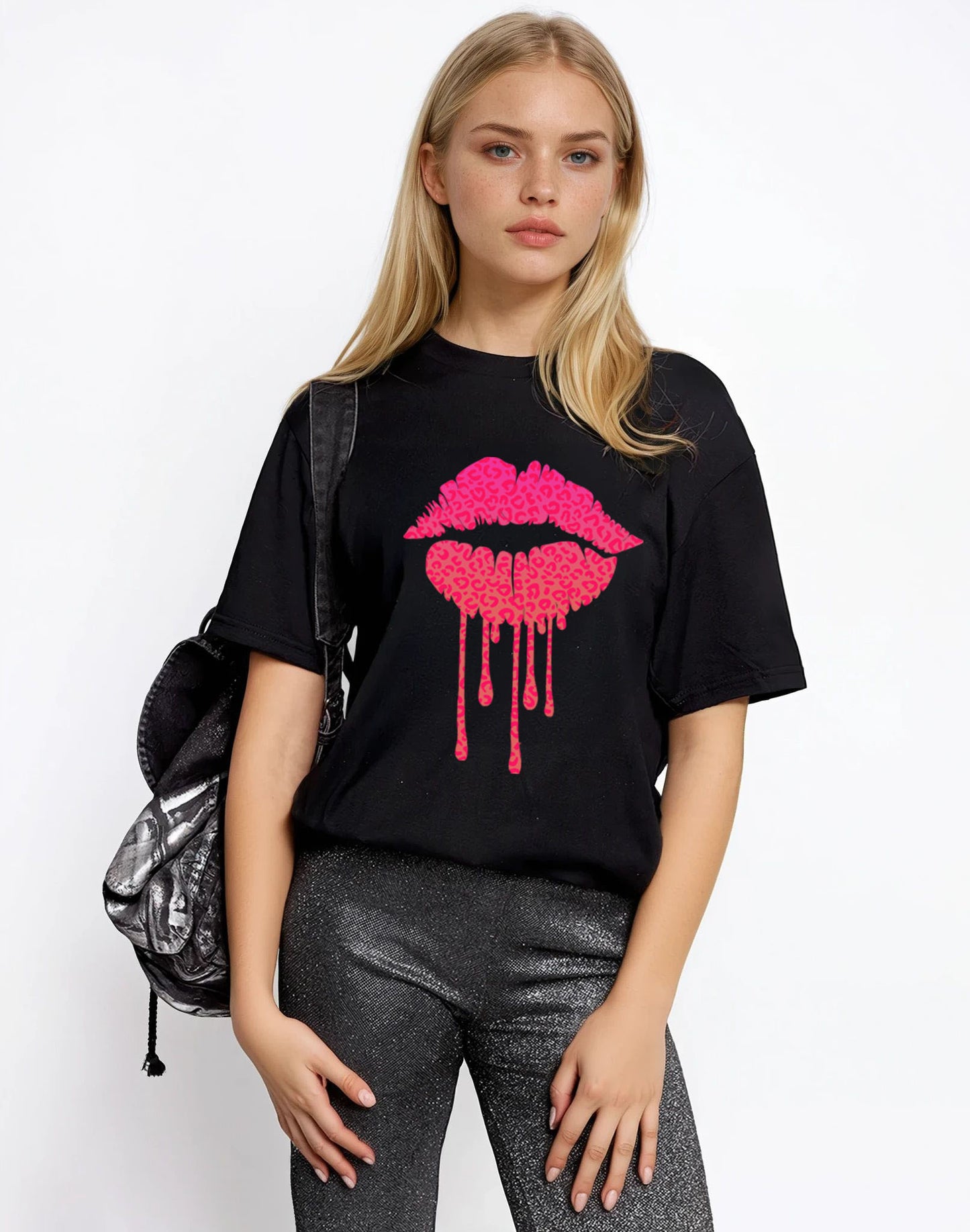 Pink Leopard Neon Drip Lip Tshirt In Black