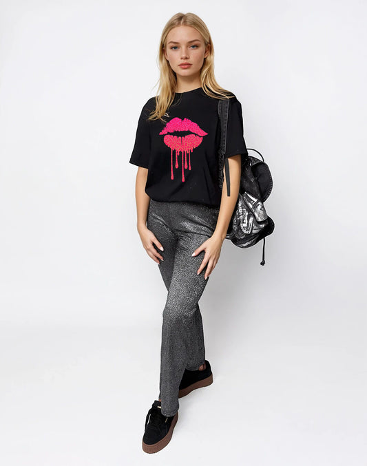 Pink Leopard Neon Drip Lip Tshirt In Black