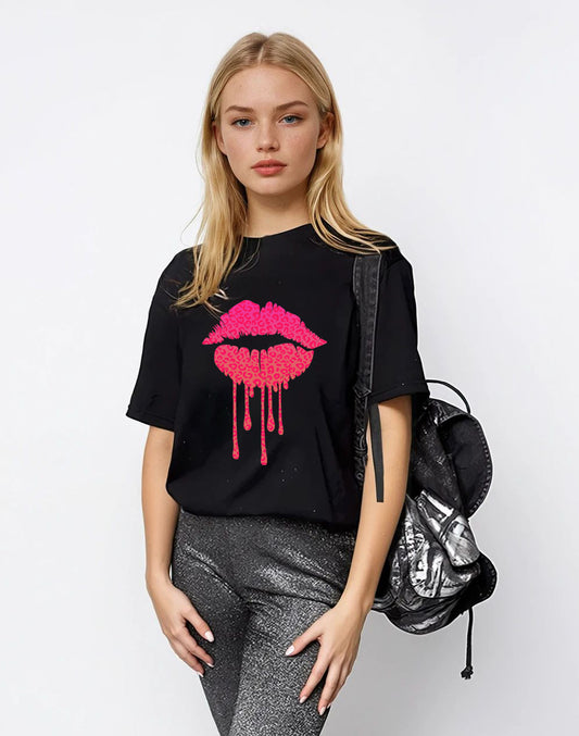 Pink Leopard Neon Drip Lip Tshirt In Black