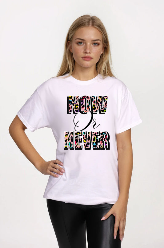 Now or Never– Pink Multi Leopard Print Tshirt in White