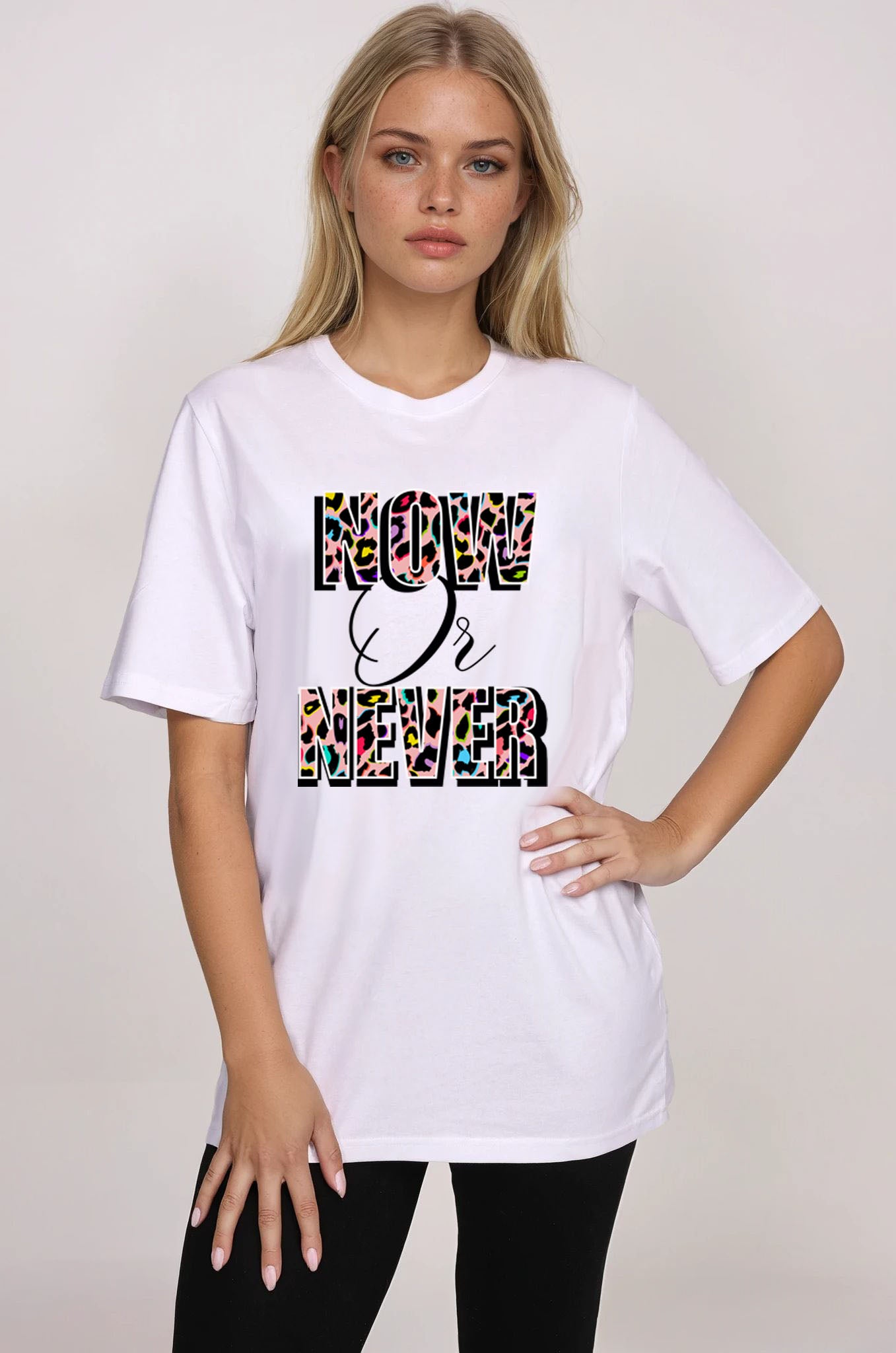 Now or Never– Pink Multi Leopard Print Tshirt in White
