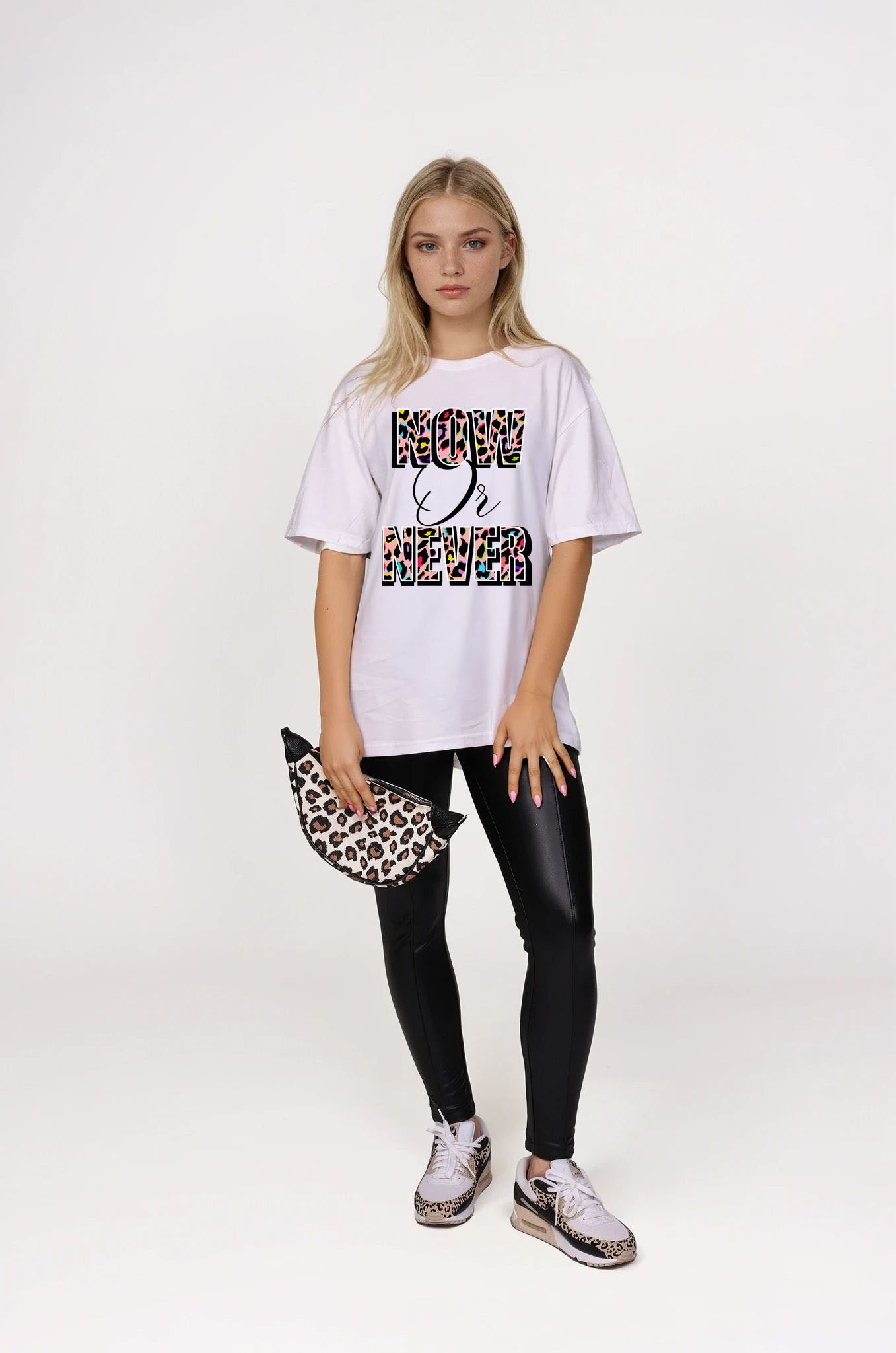 Now or Never– Pink Multi Leopard Print Tshirt in White
