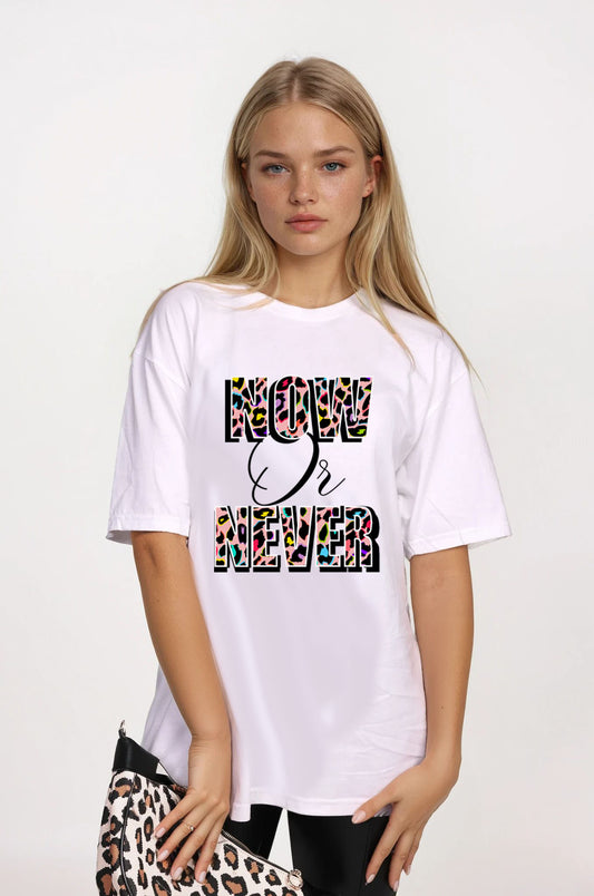 Now or Never– Pink Multi Leopard Print Tshirt in White