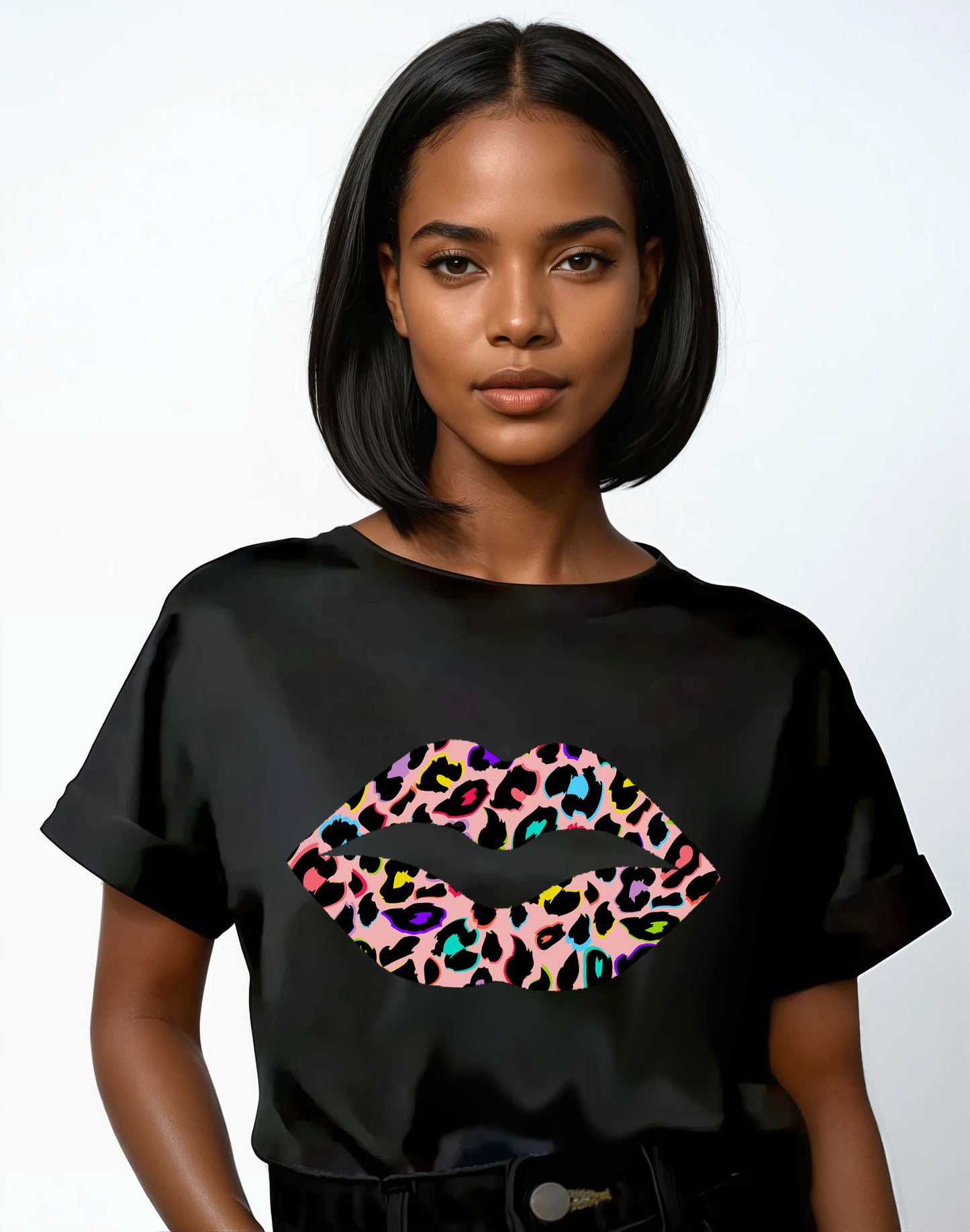 Leopard Pink Multi Lip Tshirt in Black