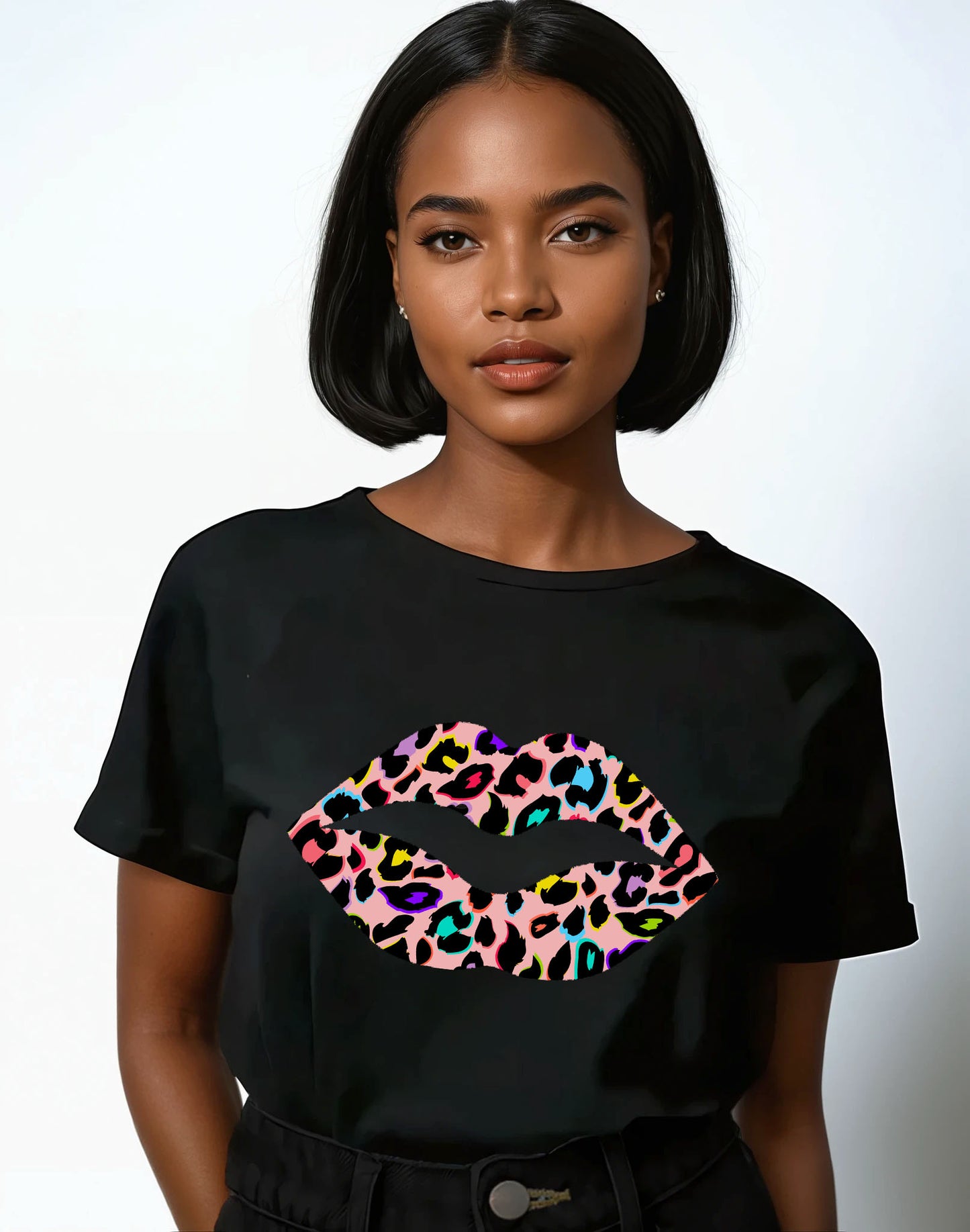 Leopard Pink Multi Lip Tshirt in Black