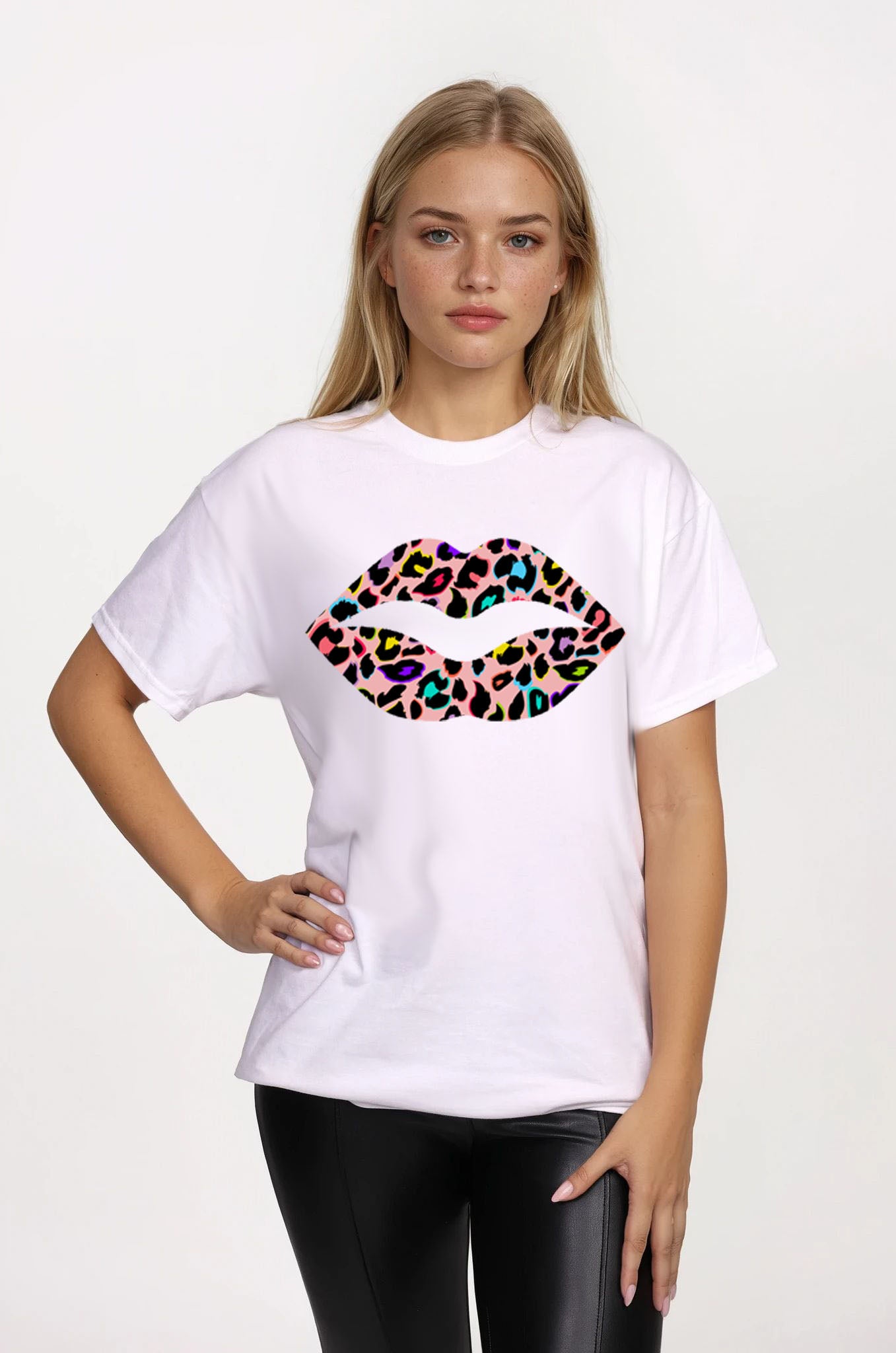 Leopard Pink Multi Lip Tshirt in White