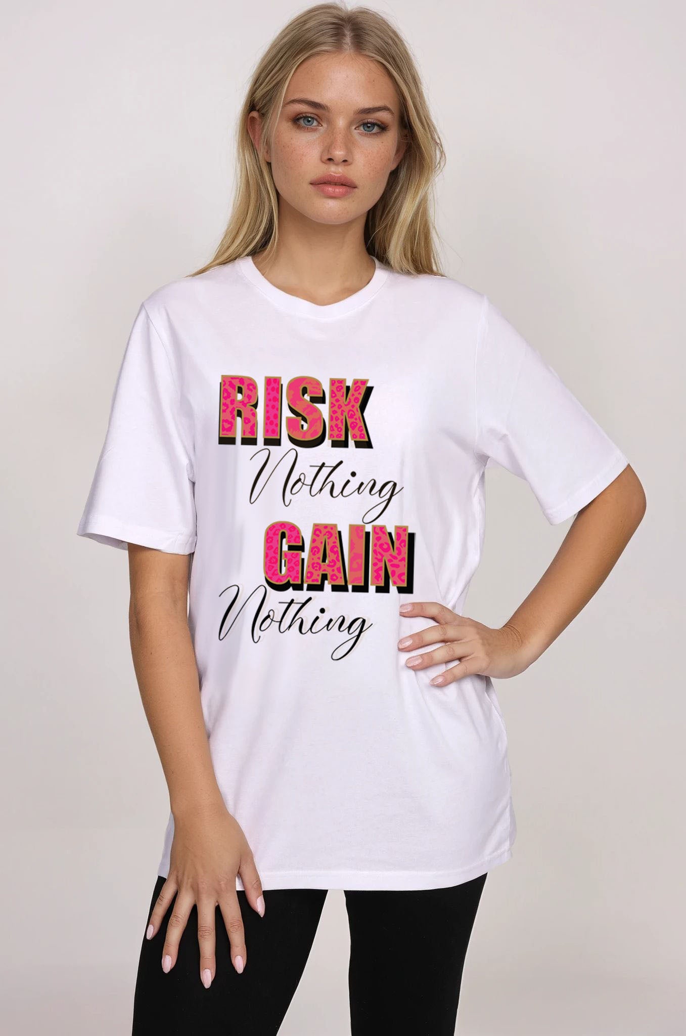 Risk Nothing, Gain Nothing Tshirt – Pink Leopard Print
