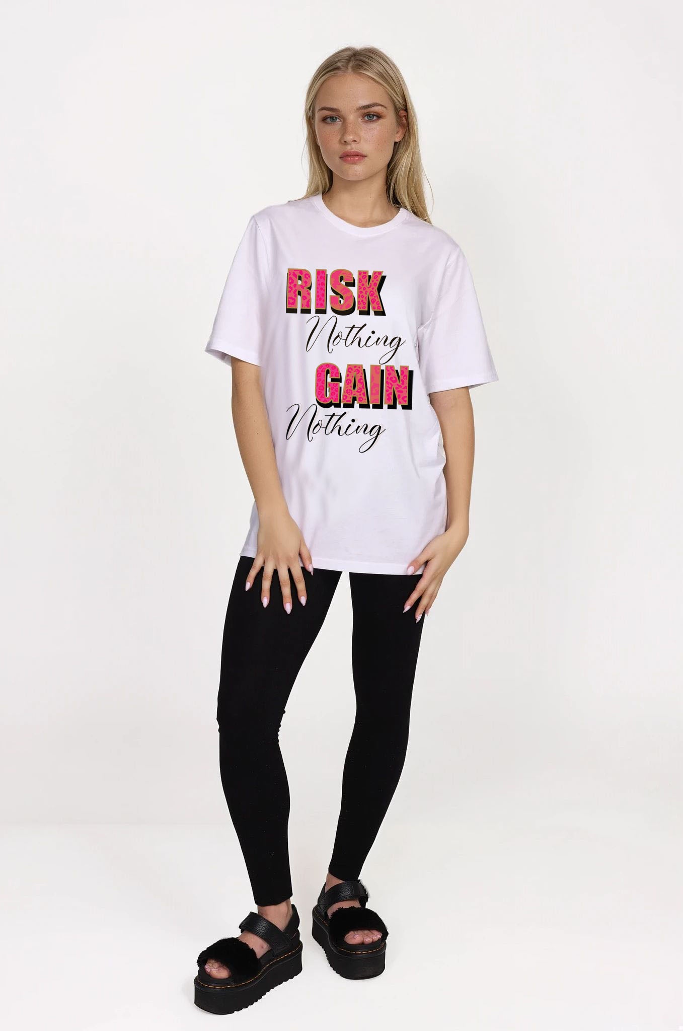 Risk Nothing, Gain Nothing Tshirt – Pink Leopard Print