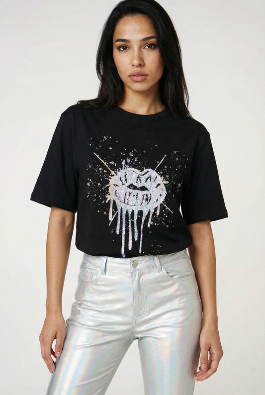 Silver Glitter Lip Drip Splat Print Tshirt In Black