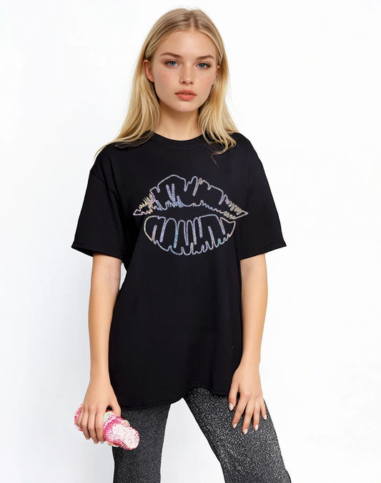 Silver Lip Outline Tshirt in Black