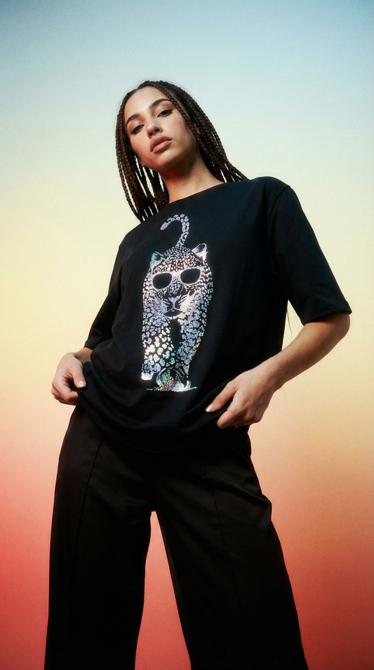 Silver Leopard Luxe Prowl Tshirt In Black