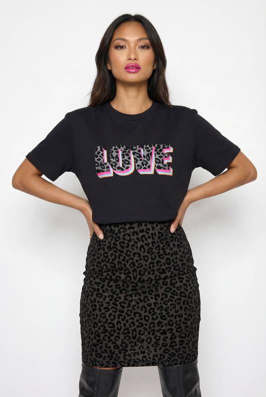 Wildly in Love Black Leopard Graphic Text Tshirt in Black