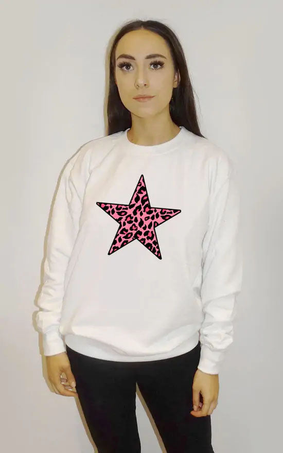 Pink Leopard Star Print Oversized Jumper In White