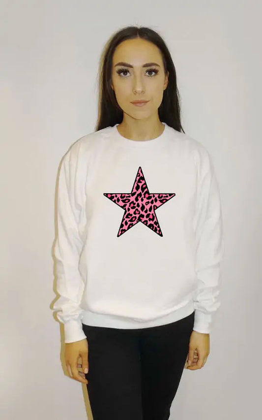 Pink Leopard Star Print Oversized Jumper In White