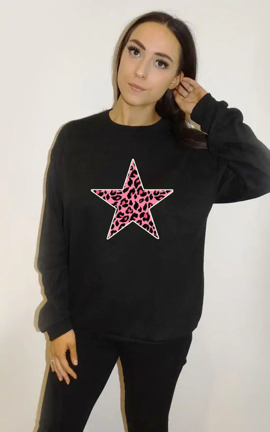 Pink Leopard Star Print Oversized Jumper In Black
