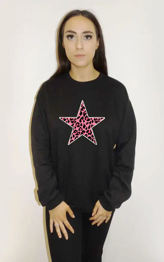 Pink Leopard Star Print Oversized Jumper In Black