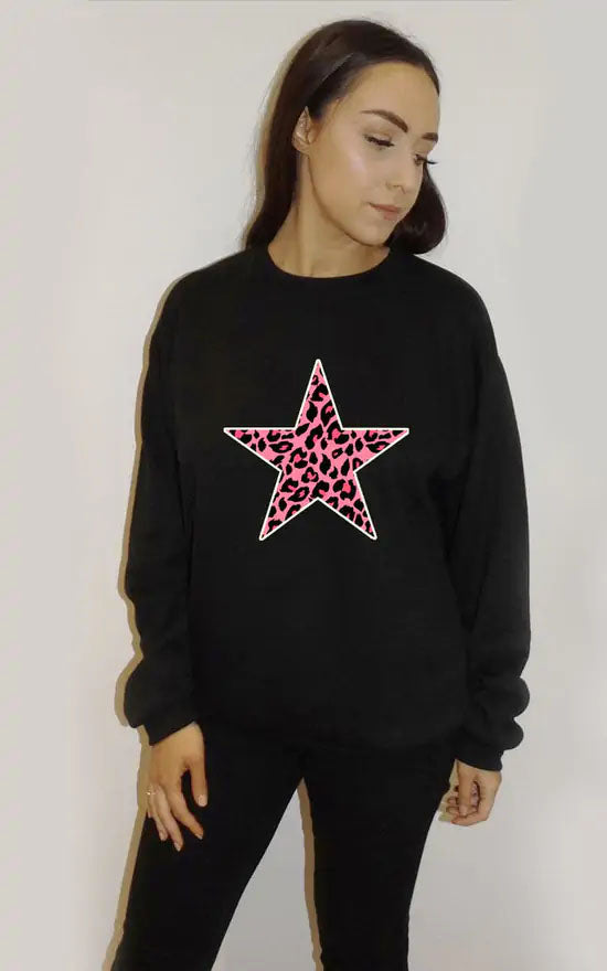 Pink Leopard Star Print Oversized Jumper In Black