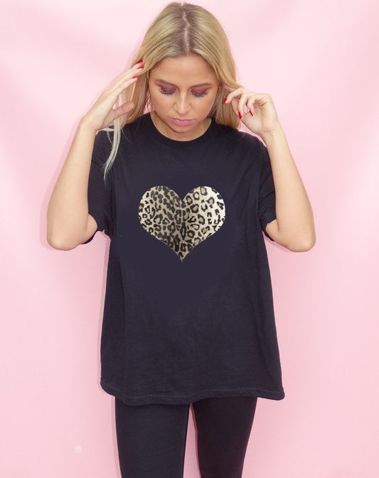 Monochrome Leopard Print Heart Tshirt In Black