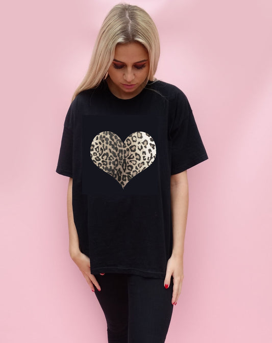 Monochrome Leopard Print Heart Tshirt In Black