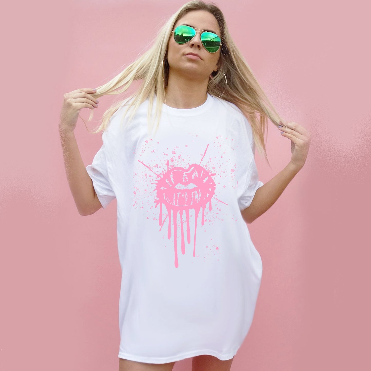 Pink Drip Splat Lip Tshirt In White