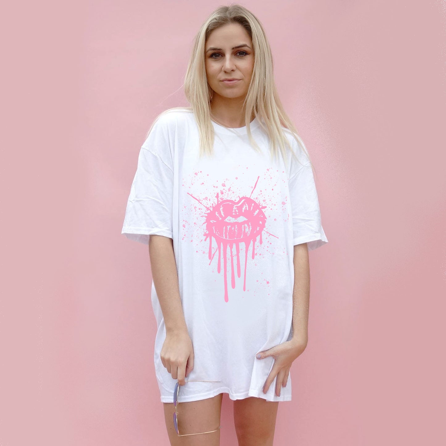 Pink Drip Splat Lip Tshirt In White