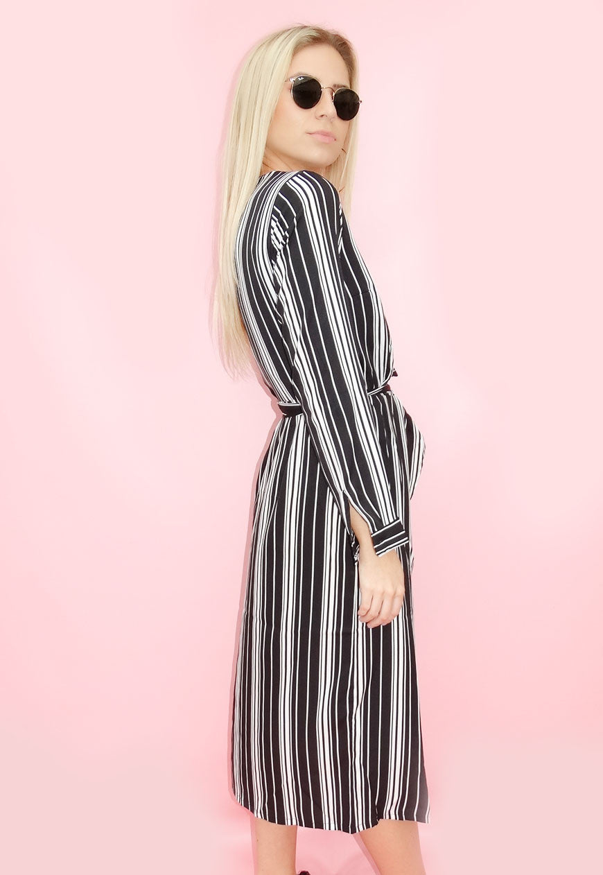 Black And White Pinstripe Wrap Dress