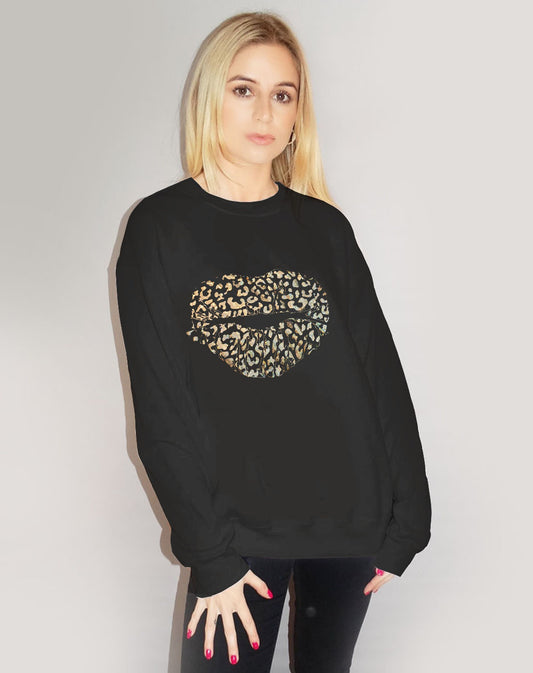Gold Holographic Leopard Kiss Jumper In Black