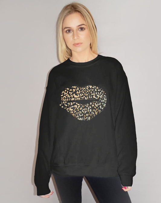 Gold Holographic Leopard Kiss Jumper In Black
