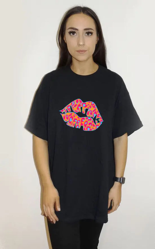 Black Oversize T Shirt With Orange And Blue Leopard Lip Print
