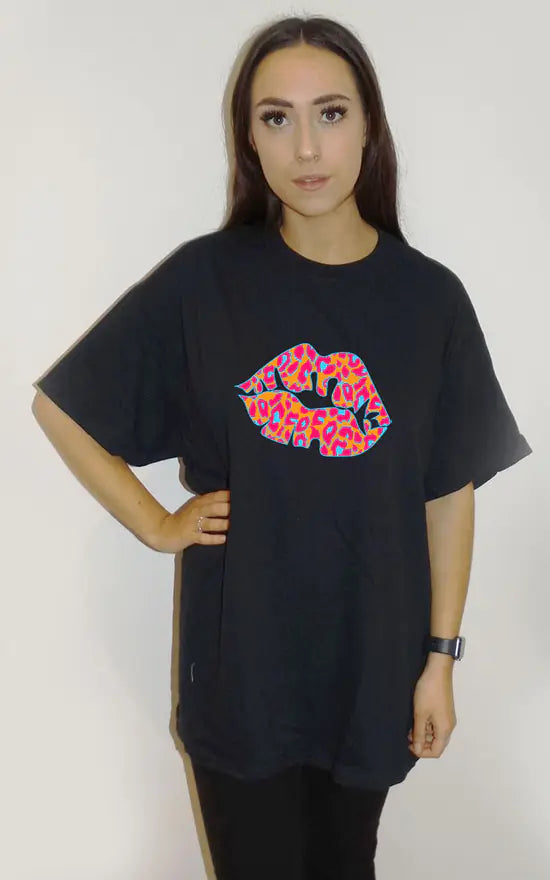 Black Oversize T Shirt With Orange And Blue Leopard Lip Print