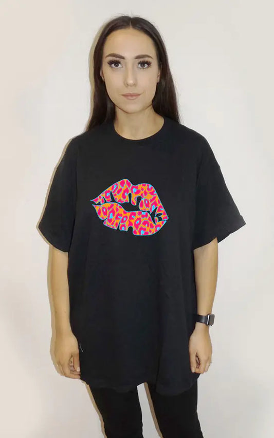 Black Oversize T Shirt With Orange And Blue Leopard Lip Print