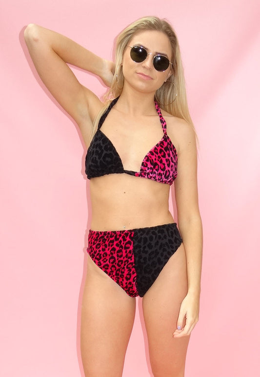 Velour Hot Pink & Black Animal Print Bikini Set