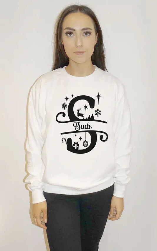 Personalised Christmas Name Black Print Jumper In White