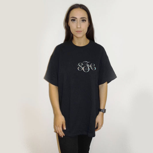 Personalised Monogram Initial Outline Silver Foil Tshirt Top In Black